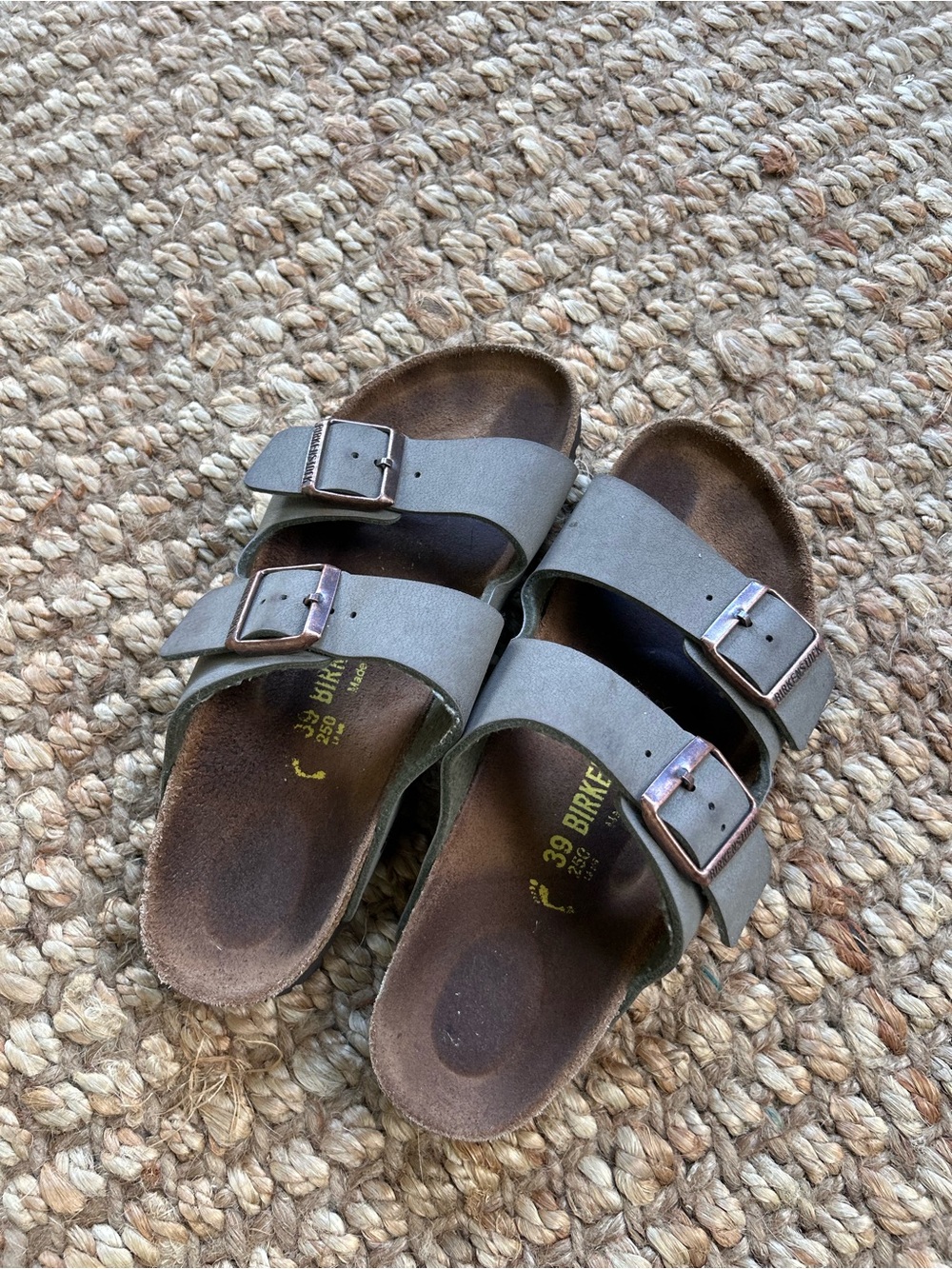 Birkenstock women’s Double Buckle Sandals in grey/olive.